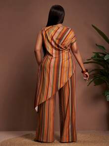 Slaydiva 2026早春新款加大码女装，适合音乐节、复活节、西部风、游牧风格等场合，也适合生日派对、假日、优雅派对、舞会、日常通勤、休闲、高端优雅、简约、街头时尚。棕色条纹不对称肩部收腰不对称下摆上衣和裤子套装。 - 彩色 - 查看 3