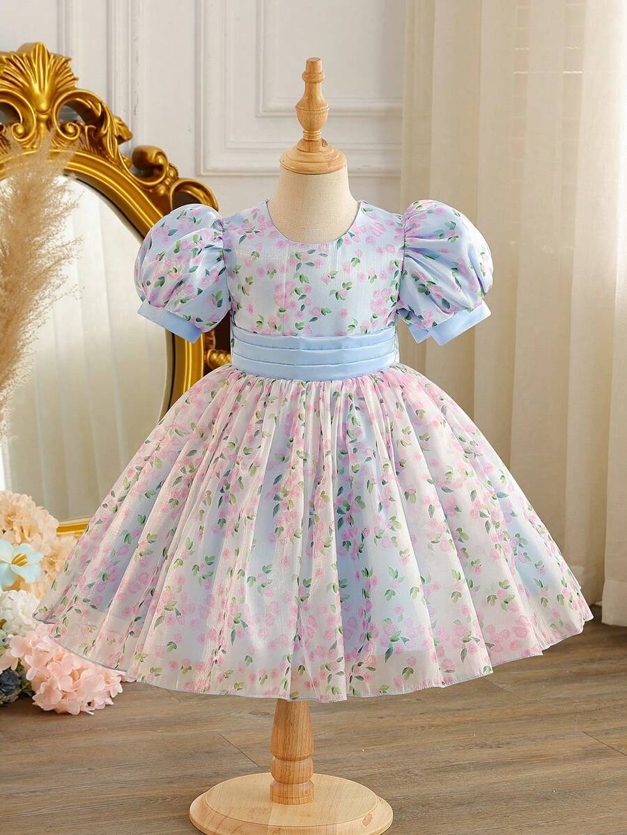 Glamorique Kids 女婴碎花云朵泡泡袖荷叶边下摆连衣裙，柔软可爱，甜美风格，适合所有季节