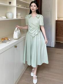 少女浅绿色梭织领褶皱蝴蝶结短袖休闲连衣裙 - 綠色 - 查看 7