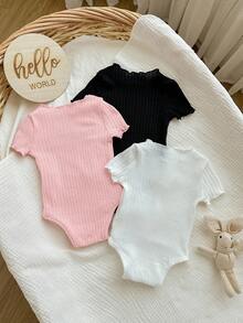 3pcs/Set Bodysuit Lengan Pendek Rajut Minimalis Kasual Elastis Warna Polos dengan Kancing di Selangkangan, Cocok untuk Musim Panas - MultiWarna - View 2