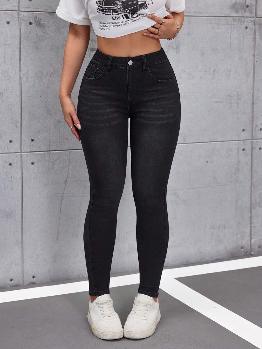 SHEIN Tall 女士时尚休闲修身牛仔裤 - 黑色 - 查看 1