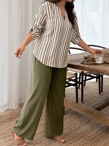 Breezaya 2pcs/Set Plus Size Women Notched Collar Buttoned Sleeve Contrast Color Floral Print Suit Fall - Multicolor - View 5