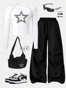 Sparklyn Sporty Polyester Long Raglan Sleeve Tee With Geographic Star Print And Black Long Pants Co-Ord For Teen Girls - Black - View 3