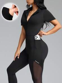 Innovista Figure-Hugging Black Knitted Cropped Jumpsuit For Women Featuring Short Sleeves Stand Collar And Sheer Back Panels - Black - View 4