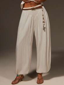 Athîral Women's Casual Beige Bubble-Balloon Trousers, Pleated Waist Design, Tulip-Shaped Trousers, Comfortable And Soft Woven Fabric, Suitable For Casual Women's Wear, Summer Women's Wear, Summer Vacation Wear, Vacations For Women, Casual For Women - Beige - View 1