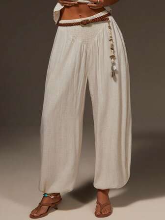 Athîral Women's Casual Beige Bubble-Balloon Trousers, Pleated Waist Design, Tulip-Shaped Trousers, Comfortable And Soft Woven Fabric.,Suitable For Casual Women's Wear, Summer Women's Wear, Summer Vacation Wear,Vacation Outfits For Women,Casual Outfit For Women