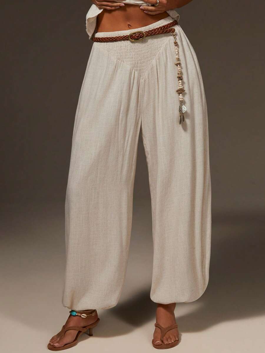 Athîral Women's Casual Beige Bubble-Balloon Trousers, Pleated Waist Design, Tulip-Shaped Trousers, Comfortable And Soft Woven Fabric, Suitable For Casual Women's Wear, Summer Women's Wear, Summer Vacation Wear, Vacations For Women, Casual For Women - Beige - View 1