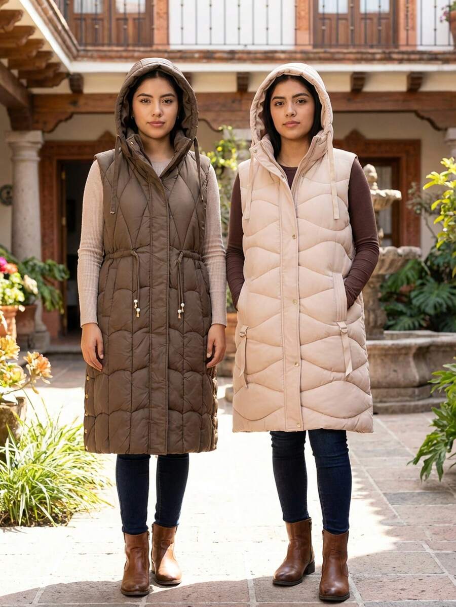 Mujer chaleco casual largo acolchado diseño geométrico tela térmica holgado con capucha sin mangas otoño invierno uso diario chaleco - Multicolor - Ver 1