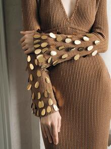 Anewsta Women's Autumn New Deep V-Neck Pleated Waist Belt Handmade Sequin Knit Maxi Dress - Khaki - View 1