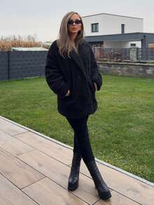 Jeta Ari Jaqueta Teddy Fleece Solta Cor Sólida Patchwork Fofo Manga Longa Lapela Trespassado Bolso - Preto - Ver 1
