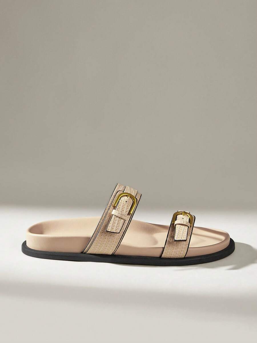 Solecia Sandal đế bằng có khóa cài, kiểu dáng đơn giản, đa năng, thích hợp cho nữ, thích hợp mang hàng ngày, mùa hè. - Màu be - Xem 1