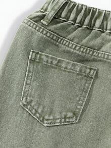 ChillGRL 少女牛仔阔腿裤，复古做旧风格，甜美可爱，休闲学院风度假必备。经典水洗白色牛仔布，手工钩织花朵细节，甜美俏皮。弹性腰带+纽扣前襟，方便穿脱。 - 軍綠色 - 查看 4