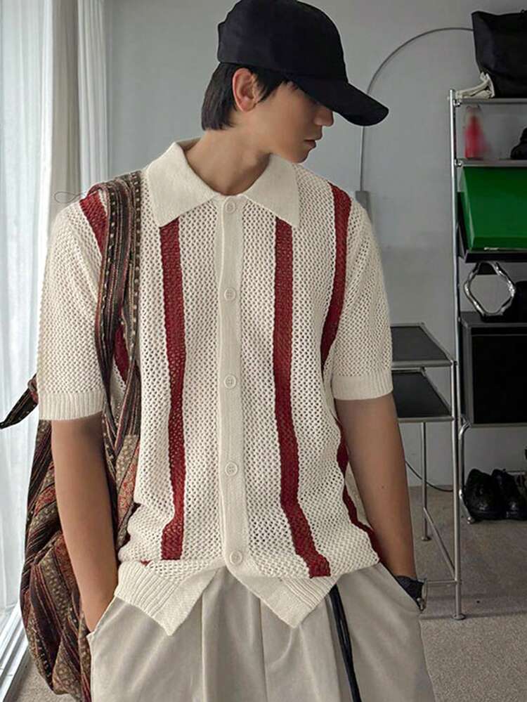 Men's Solid Color & Striped Lightweight Cardigan Sweater, Summer
