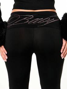 SUMWON WOMEN Flared High Rise Fold Over Waistband Rhinestone Graphic Jogger Pants With Faux Fur Cuffs Winter Fall Lounge For Valentine - Black - View 2