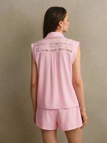 Anewsta Bộ áo và quần short ren thêu cao cấp kiểu vintage dành cho nữ, thích hợp mặc mùa hè. - Hồng - Xem 2