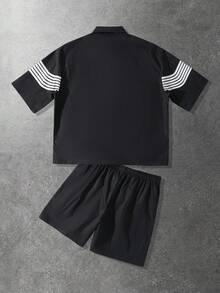 ROMWE MEN 男士休闲宽松撞色条纹衬衫和短裤套装 - 黑色 - 查看 2