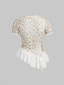 ROMWE Avant 女士足球球衣T恤，撞色蕾丝和不对称下摆设计，休闲又性感 - 杏色 - 查看 9