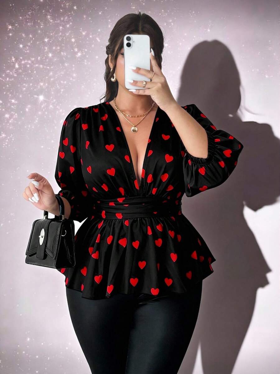 Viva Relle 大码女士性感V领灯笼袖爱心印花衬衫 - 黑色 - 查看 1