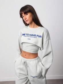 SURIMA 3pcs Women Casual Basic Grey Color Long Sleeve Cropped Top, Camisole, And Loose Pants Set - Light Grey - View 5