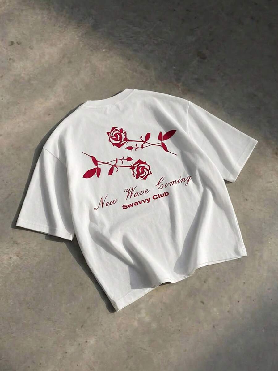 SWAVVY 男士休闲宽松短袖T恤，饰有艺术玫瑰图案印花，日常必备单品 - 白色 - 查看 1