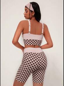 WanderVale 2pcs Women Contrast Color Checkered Yoga Sports Bra And Shorts Set - Multicolor - View 2