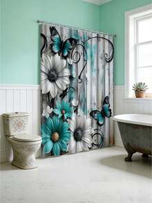 Set de 4 piese, set de baie elegant și simplu, albastru-verde, cu fluturi florali - perdea de duș și serie de covoare, cadou rafinat și practic pentru decorarea casei.
