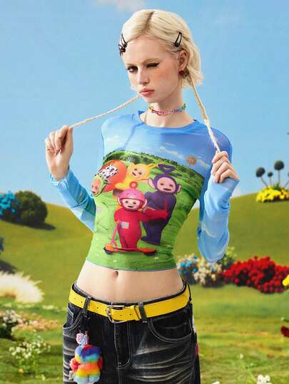 Teletubbies X ROMWE Y2K Cute Cartoon Graphic Mesh Long Sleeve Top For Women