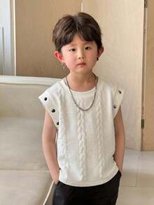 SHEIN 男童纹理圆领纽扣装饰休闲背心 - 白色 - 查看 4