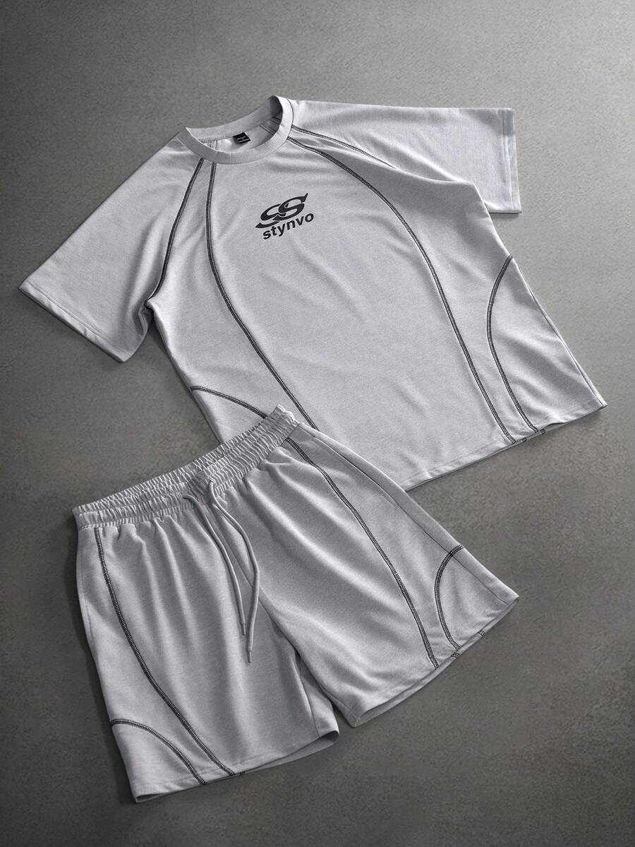 STYNVO 男士休闲撞色拼接短袖T恤短裤套装，夏季男士灰白套装短裤T恤套装，男士夏季套装 - 灰色 - 查看 1