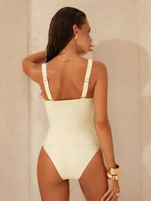Swim Chiccia Conjunto de tankini de unicolor metálico elegante con tirantes ajustables y Bottom de cintura alta, set de 2 piezas - Beis - Ver 2