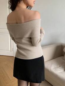 Suéteres elegantes y sexy, collares apilados, sujetadores de cuello plano, mangas abiertas, adecuados para citas, fiestas, fotos callejeras - Harina de avena - Ver 2