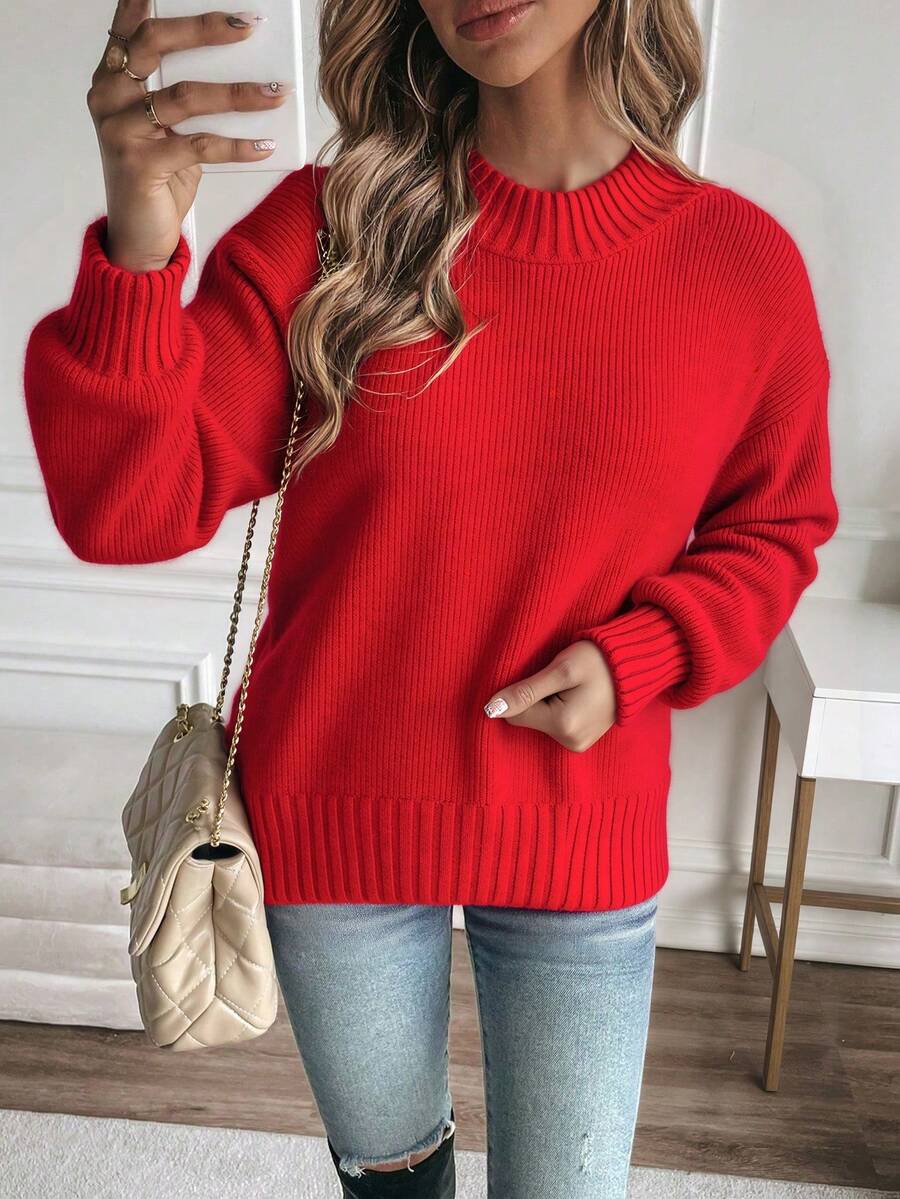 Suéter de empalme de peluche para mujeres - mitad inferior del  de la ropa + material de peluche largo de empalme de puños, Corte suelto - Rojo - Ver 1