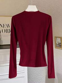 GlowEve CURVE 大码女式杏色丝绒优雅衬衫T恤，秋冬款 - 酒紅色 - 查看 2