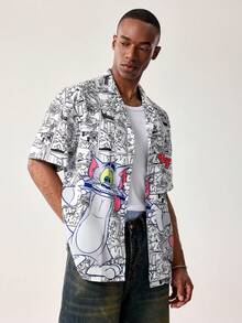 TOM & JERRY X SHEIN Men's Fashionable All-Over Print Front Button Short Sleeve Shirt, Summer