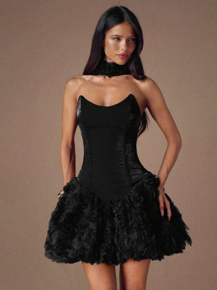 SHEIN BAE 秋冬季女士宴会礼服,酒红色无肩带褶皱泡泡袖迷你连衣裙,适合鸡尾酒会、浪漫约会、叠穿、派对、正式聚会、万圣节、圣诞节等场合。 - 黑色 - 查看 1