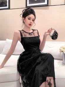 DAZY Đầm dài không tay cổ tròn ren hình bướm thanh lịch dành cho nữ, đầm maxi mùa hè. - màu đen - Xem 4