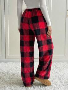 SHEIN Tall Women's Tie-Waist Fluffy Plaid Print Casual Wide Leg Baggy Pants,New Year's For Women Red Plaid Pants - Multicolor - View 2