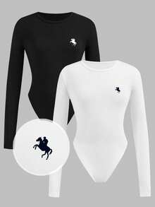 SHEIN Girlism Teen Girls' Black & White Printed Crew Neck Long Sleeve Bodysuit, Casual Versatile Basics Bodysuits For Girls Teen Bodysuit - Multicolor - View 1