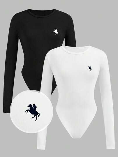 SHEIN Girlism Tonårsflickors svartvita mönstrade rundhalsade långärmade bodysuit, avslappnad och mångsidig bas