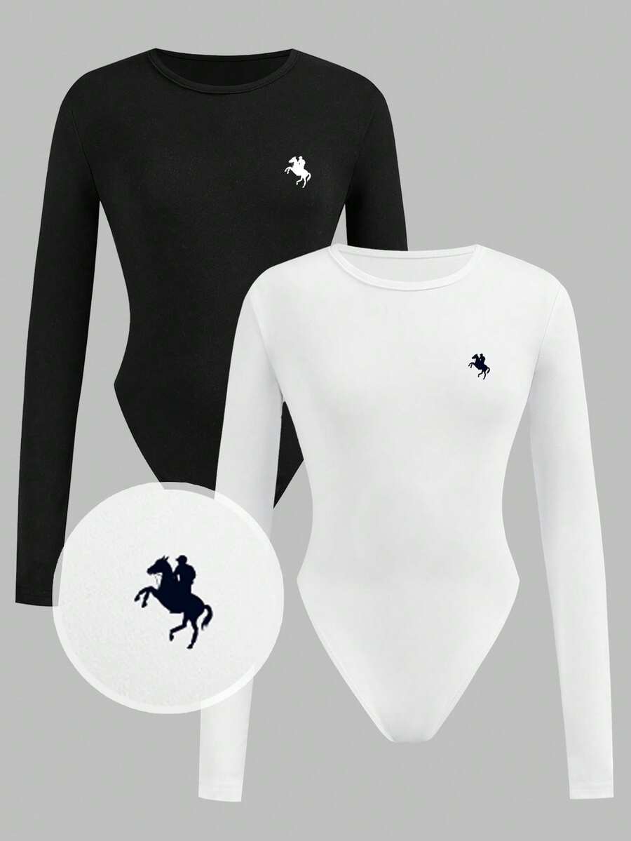 SHEIN Girlism Teen Girls' Black & White Printed Crew Neck Long Sleeve Bodysuit, Casual Versatile Basics Bodysuits For Girls Teen Bodysuit - Multicolor - View 1