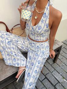 Sunnyshic 女士海星印花蓝白吊带上衣+裤子套装，时尚休闲基础款沙滩装，春夏款 - 藍白色 - 查看 5