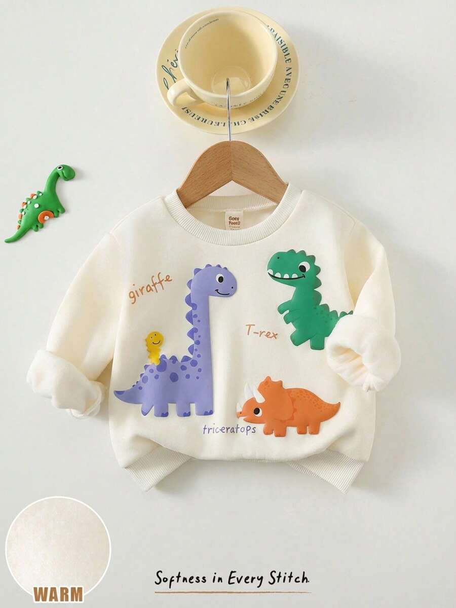 Cozy Pixies Young Boy Loose Casual Comfortable Round Neck Pullover Sweatshirt With Dinosaur Pattern Children S Cotton Jacket Dinosaur Clothes 3 4years Toddler Sweater Autumn Clothing Burgundy Boho Goth Y2k Rave Vacation Holiday Festival Christmas Fall Winter Vintage Casual Cozy - Apricot - View 1