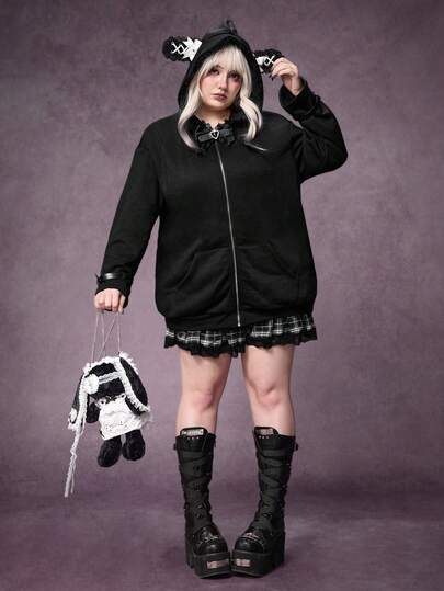 Veste à capuche avec nœud papillon style Lolita gothique grande taille pour femmes, Veste à capuche noire avec nœud devant style doux et sombre grande taille pour femmes, Veste noire grande taille pour femmes