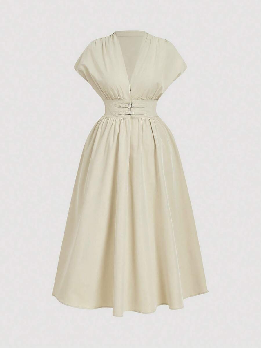 SHEIN MOD Đầm midi vải lanh cổ chữ V cài nút cỡ lớn dành cho nữ - Màu be - Xem 1