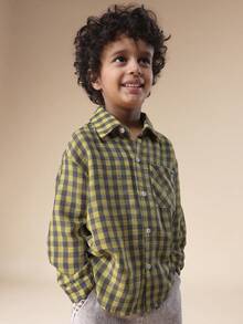 SUMWON Boys Collared Button Down Long Sleeve Check Plaid Shirt Regular Fit Casual School Everyday Wear - Yellow - View 2