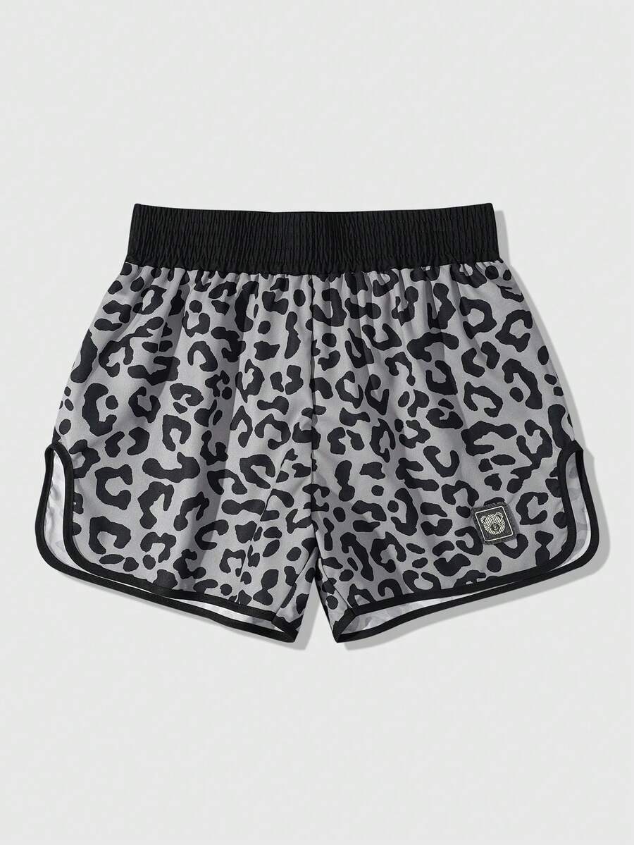 ROMWE MEN Street Life Men's Casual Fashionable Street Sporty Leopard Print Contrast Color Elastic Waist Drawstring Shorts - Grey - View 1
