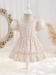 SHEIN 1pc /Baby Girl's Spring/Summer Vacation Style Outfit Bubble Short-Sleeved Pink Floral Print All-Over Apricot Woven Dress - Apricot - View 11
