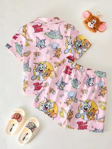 TOM & JERRY X SHEIN 女童夏季可爱卡通字母图案翻领短袖衬衫和短裤睡衣套装 - 粉色 - 查看 2