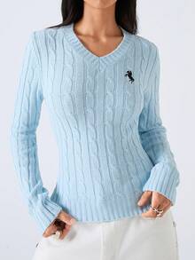 LYSMO 女士休闲时尚套头毛衣，秋冬季日常穿着 - 藍色 - 查看 4