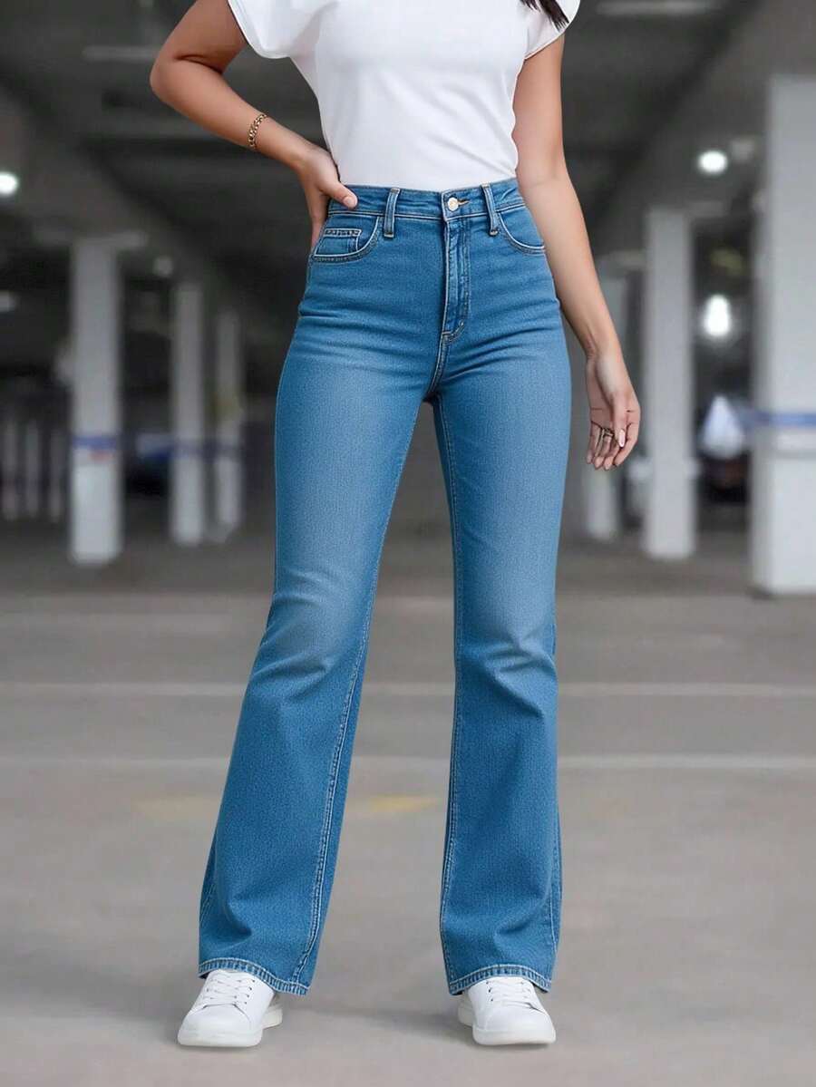 Jeans de dama Flare deslavado 5 bolsas - azul - Ver 1